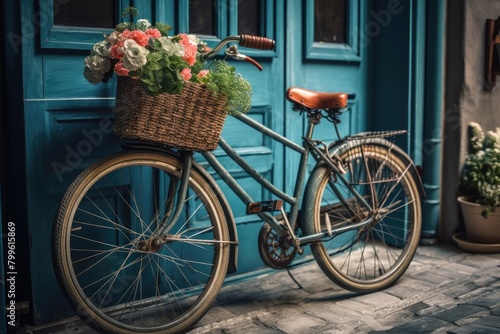 Blue bicycle in room with flowers in basket. Generative ai © Алина Бузунова