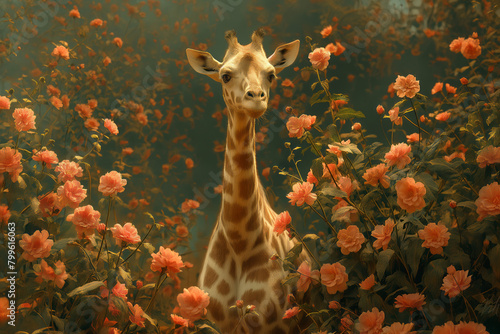Giraffe in flowers by vintage aesthetics, wallpaper. Generative AI photo