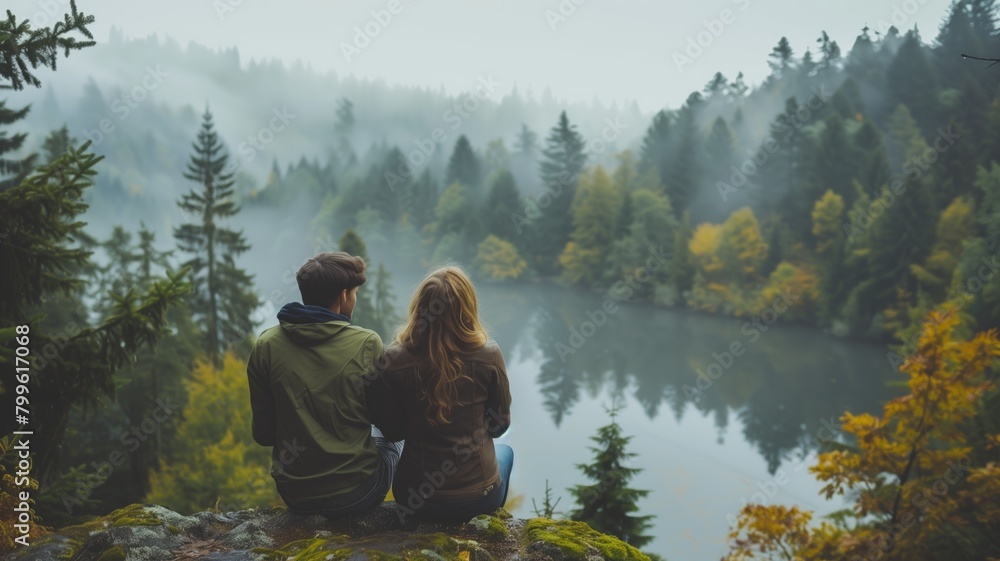 Couple sitting cliffside overlooking misty forest and lake Couple sitting cliffside overlooking misty forest and lake