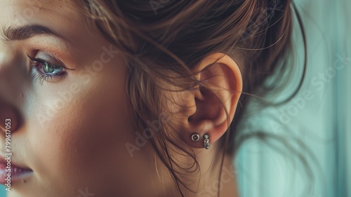 Close-up of young woman's profile, highlighting her ear and earring photo