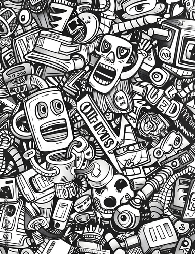 A black and white drawing of various objects including a robot  a cup
