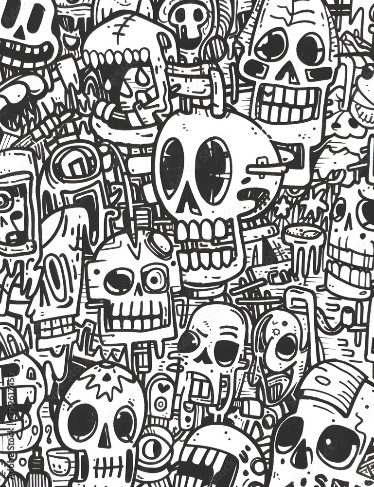 A black and white drawing of skulls and monsters A black and white drawing of skulls and monsters