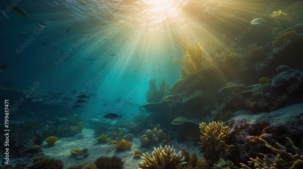Naklejka premium Underwater view of the coral reef and school of fish with light flare. Life in the deep ocean.