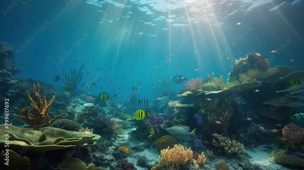Fototapeta premium Underwater view of the coral reef and school of fish with light flare. Life in the deep ocean.