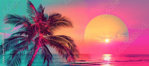 Palm trees against big sun on island background in sunset. Retro style © saichon