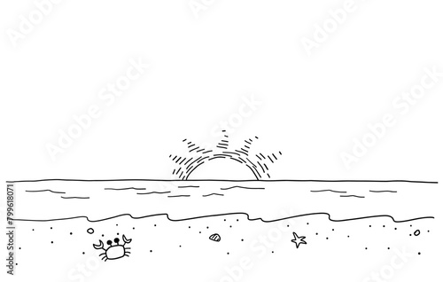太陽が沈む海辺のかわいい線画イラスト　白黒