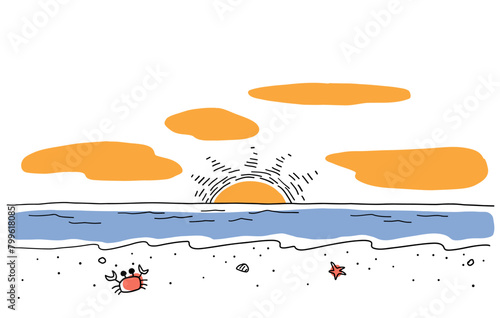 太陽が沈む海辺のかわいい線画イラスト　色付き
