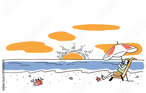 海辺でくつろぐ人の風景の線画イラスト　色付き