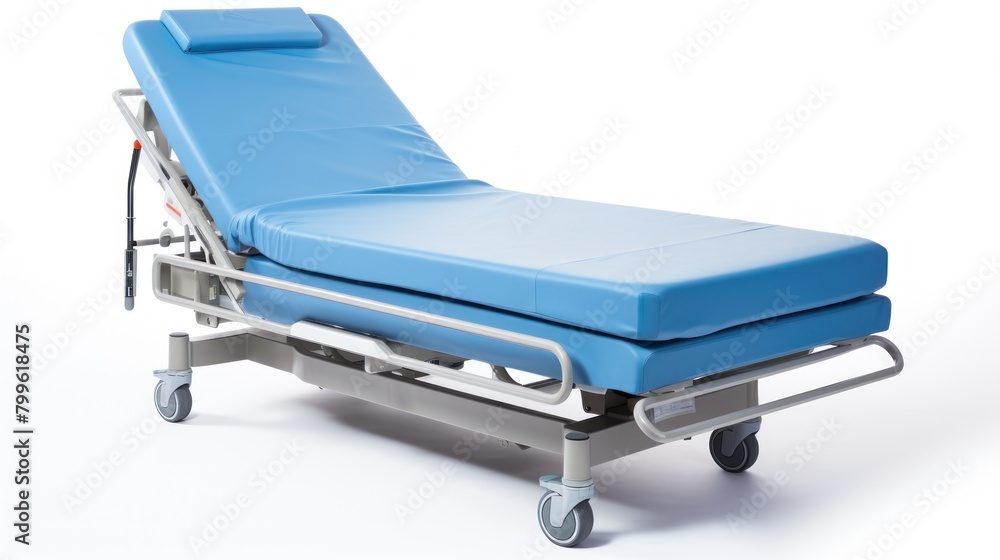 A hospital bed with a blue sheet and a white pillow. A hospital bed with a blue sheet and a white pillow.