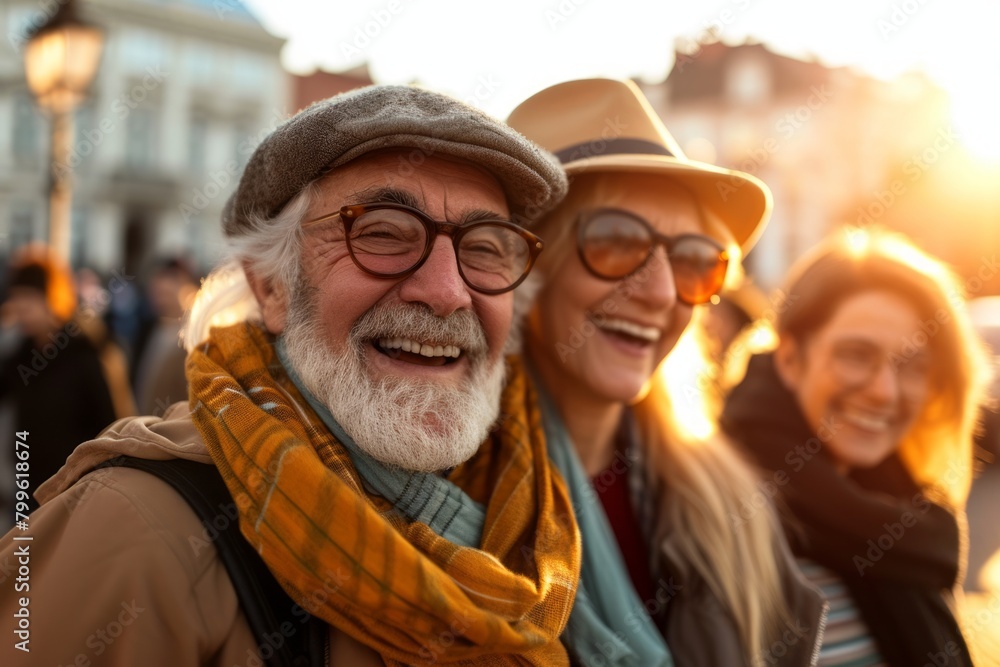 Portrait of smiling senior couple walking in the city with friends. Portrait of smiling senior couple walking in the city with friends.