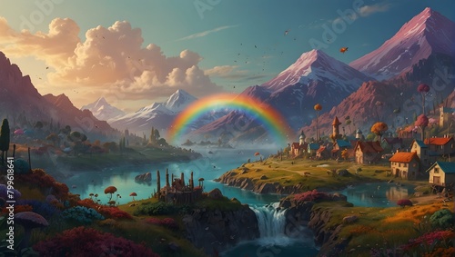 A whimsical, rainbow-hued world populated by quirky, animated creatures ai_generated #799618641