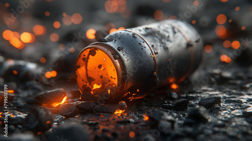 Eerie bottle  on Scorched Earth with Fiery Sparks Background