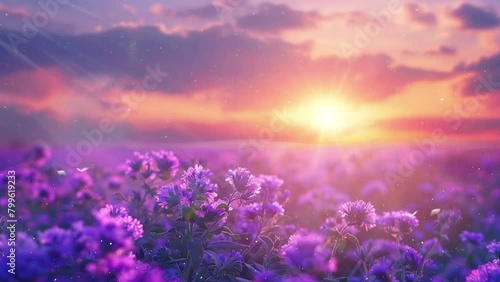 phacelia flowers field and purple sunset sky background. seamless looping overlay 4k virtual video animation background photo