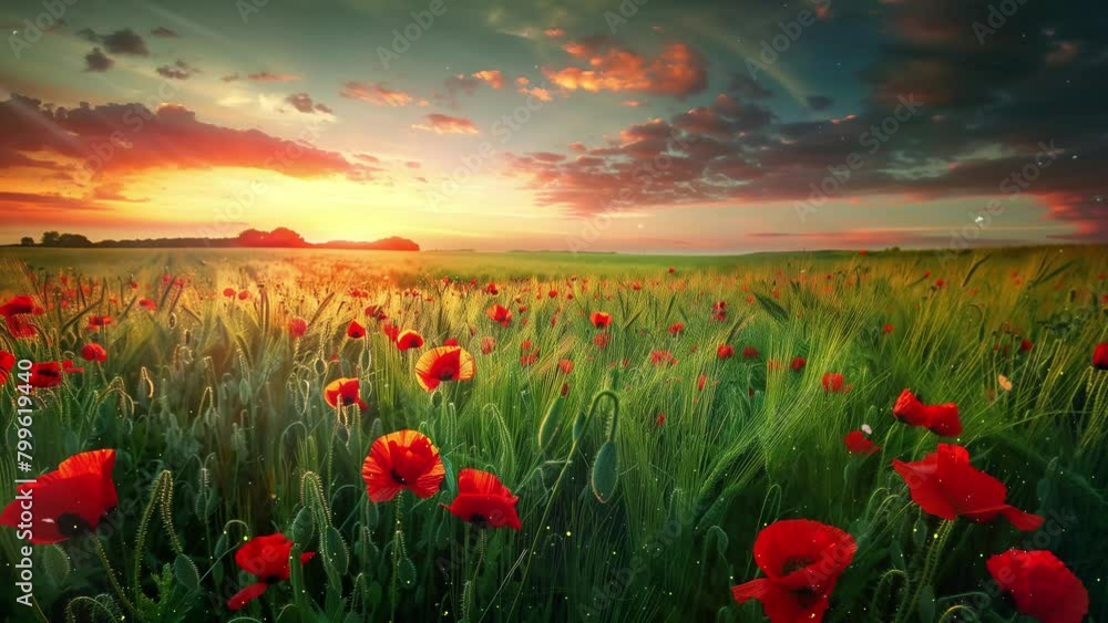 poppy flowers in green agricultural field against sunset. seamless looping overlay 4k virtual video animation background poppy flowers in green agricultural field against sunset. seamless looping overlay 4k virtual video animation background