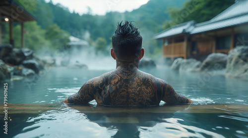 温泉に入る刺青の男性 photo