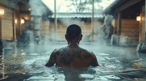 温泉に入る刺青の男性 photo