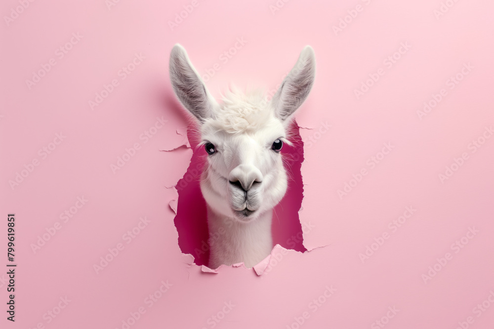 Obraz premium Spring White Llama peeking through a hole on Pastel pink paper wall with copy space. Generative AI