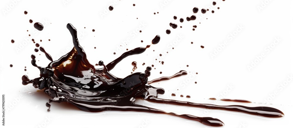 Liquid droplet infused with chocolate, shown in close-up on a clean white background Liquid droplet infused with chocolate, shown in close-up on a clean white background