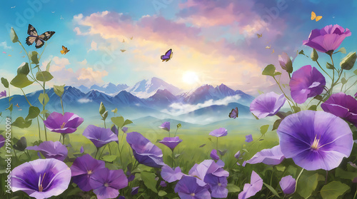 A field of purple morning glories on a gradient green grass with butterflies flying around.