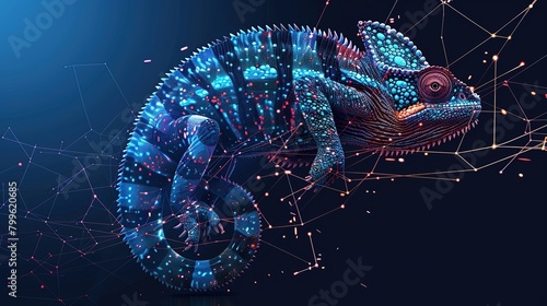Digital chameleon in neon colors. Big data visualization. Information aesthetic design. Animal learning. Generative AI