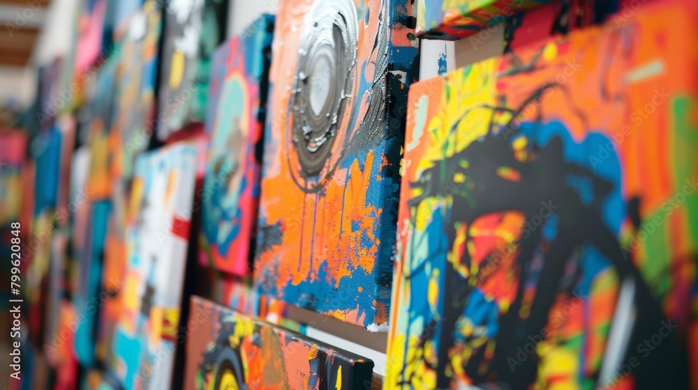 A colorful and eclectic display of finished paintings from past sober paint and sip classes showcasing the diversity and creativity of each participant in the class.