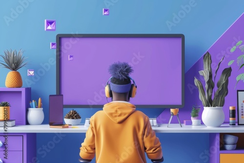 A man is sitting in front of a computer sending E-mail monitor with a purple background, free space for text, 3D illustrate