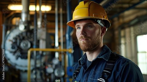 portrait photo of a fresh graduate mechanical engineer in a safety helmet, conducting equipment inspections and troubleshooting mechanical systems