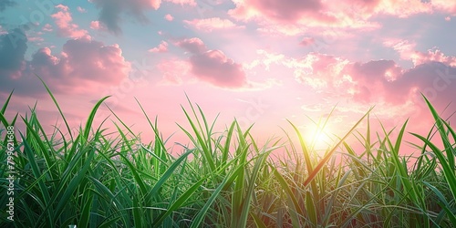 Green grass under a pastel sky decorated with delicate pink clouds. Aesthetic calm landscape. Generative AI