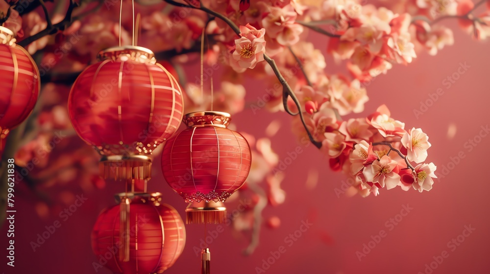 a simple chinese new year red background with three red lanterns aspect ratio 2:1 a simple chinese new year red background with three red lanterns aspect ratio 2:1