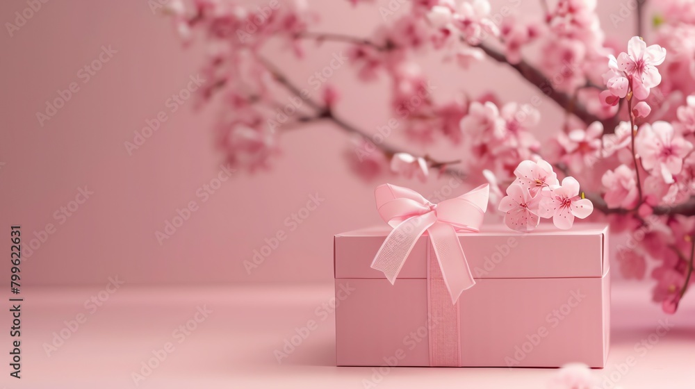 Pink Gift box, Spring flower, clean composition, product photography, free space left background 