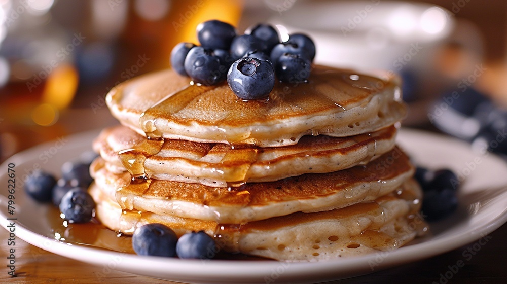 Close-up of pancakes gently drizzled with honey and garnished with blueberries. Aesthetic food backdrop. Generative AI Close-up of pancakes gently drizzled with honey and garnished with blueberries. Aesthetic food backdrop. Generative AI