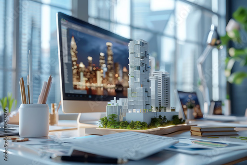 A well-organized architect's desk featuring a scale model of skyscrapers, computer with city rendering, and design tools.