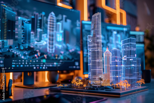 An intricate 3D architectural model with holographic city buildings displayed on a workspace with urban design elements.