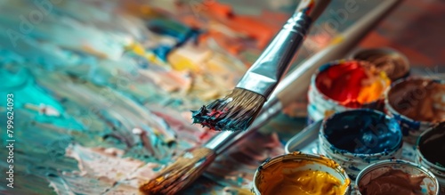 A wooden table is adorned with a paintbrush resting on a blob of colorful paint, ready for artistic creation