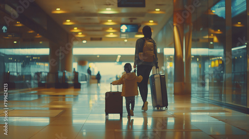 A woman and a child are leisurely walking through the airport, admiring the reflections on the clean glass flooring. The tints and shades of the city provide a fun travel experience