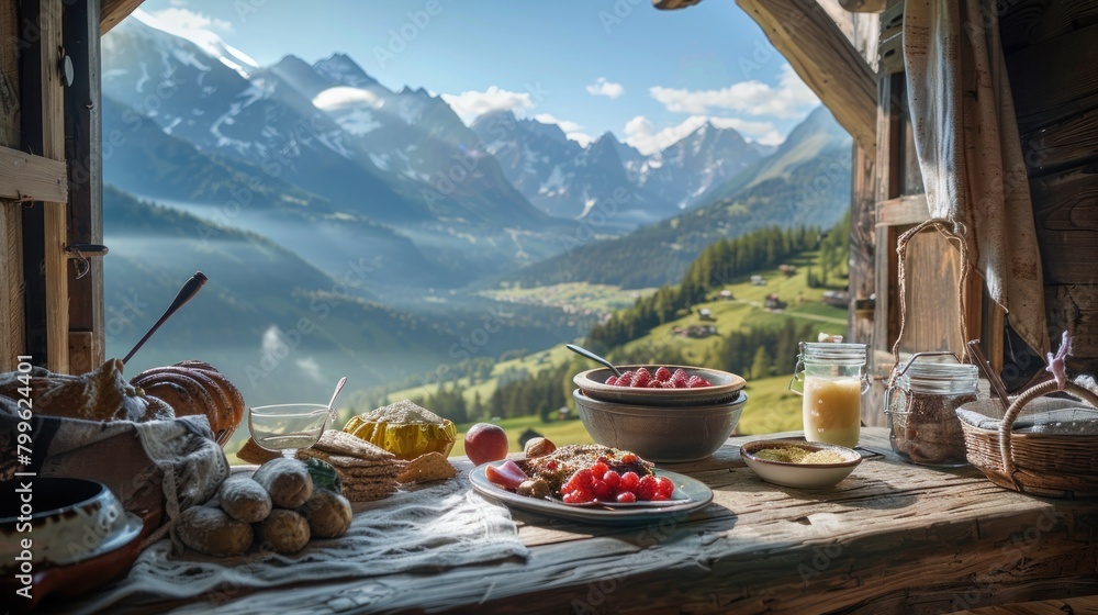 Portrait of menu breakfast and fruits on table traditional restaurant with mountain view.