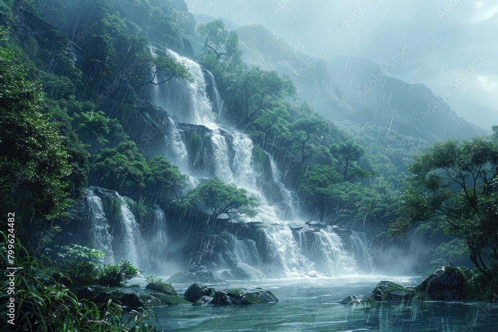 Weather extremes images, There is a dense mountain where landslides are occurring, trees are being swept into the river and it is raining heavily, Weather extremes images, There is a dense mountain where landslides are occurring, trees are being swept into the river and it is raining heavily,