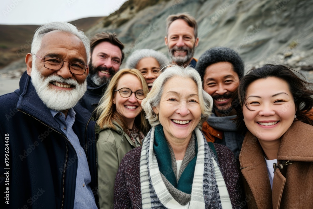 Group of diverse senior friends standing together on a beach smiling at the camera Group of diverse senior friends standing together on a beach smiling at the camera