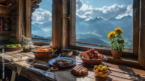 Portrait of menu breakfast and fruits on table traditional restaurant with mountain view. photo