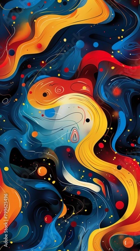 Abstract background illustration with swirling shapes and vibrant splashes of primary colors