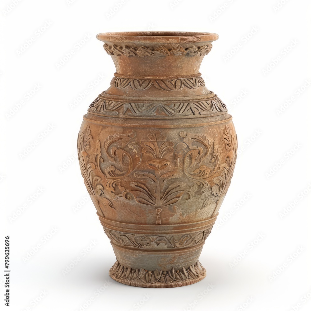 3D Render of a handcrafted clay vase with intricate carved details and a weathered look, on isolated white background, Generative AI
