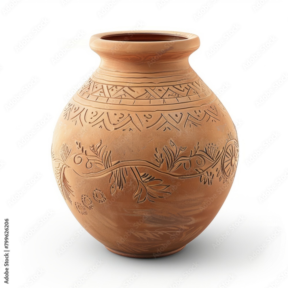 3D Render of a squat round clay vase with hand-carved patterns, on isolated white background, Generative AI