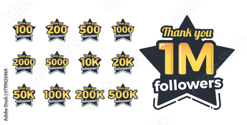 Collection of thank you followers star shapes with follower numbers. Vector graphic design elements for social media achievement celebration