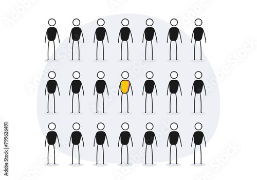 Person standing out from the crowd. Vector illustration of a unique different individual amongst others