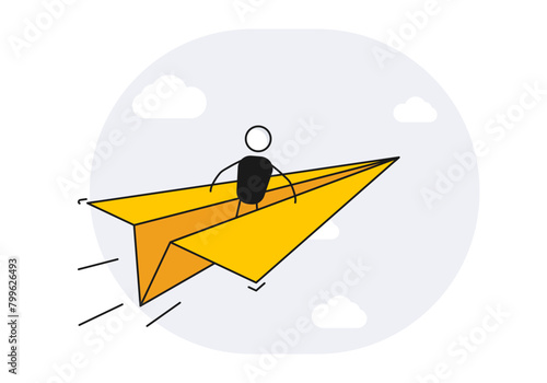 Character on a paper airplane flying in the sky. Vector illustration. Plane symbolizing vision, freedom, business success and leadership
