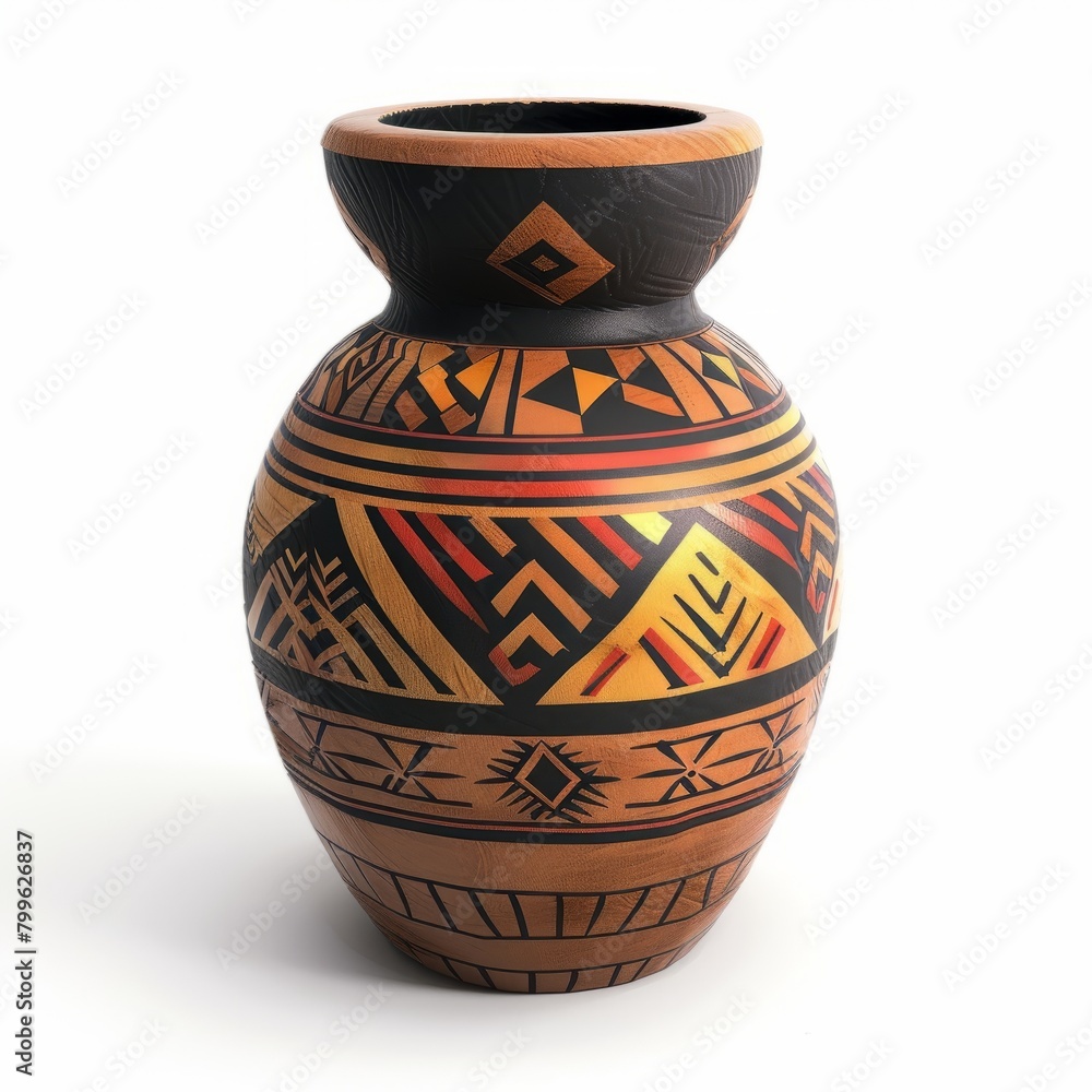 3D Render of a tribal clay vase with geometric patterns and bold colors, on isolated white background, Generative AI