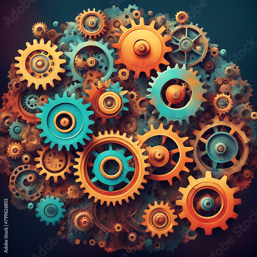 Surreal machinery and gears dance amidst a vibrant, abstract backdrop adorned with an array of colorful circles