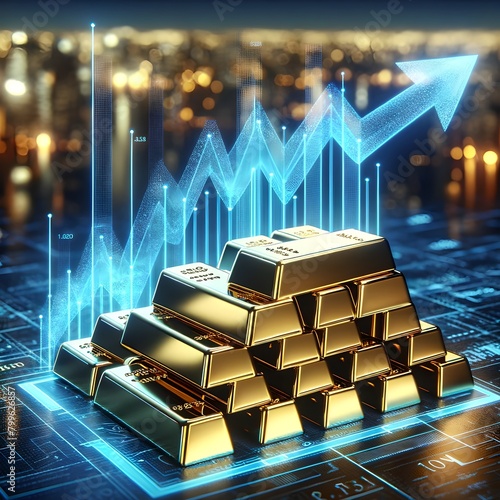 Gold Bars with Holographic Growth Arrow and City Background