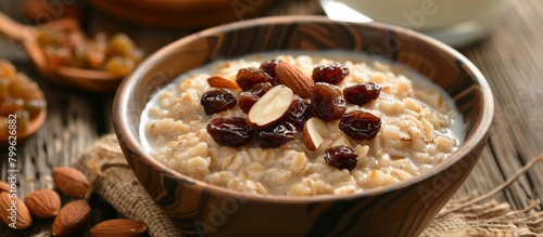 An appetizing, wholesome bowl of oatmeal topped with sweet raisins and crunchy almonds placed on a wooden table