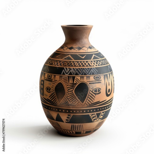 3D Render of a tribal-inspired clay vase adorned with tribal motifs and symbols, on isolated white background, Generative AI